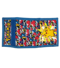 Load image into Gallery viewer, Dynamic Pokémon tri-fold Pikachu wallet with lightning bolts and Poké Balls.