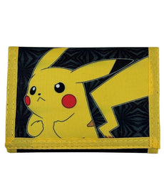 Pokemon Tri-fold Pikachu Wallet with bold Pikachu design on black background.