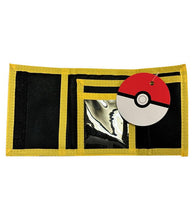 Load image into Gallery viewer, Pokemon Tri-fold Pikachu Wallet with card slots and ID window on black background.
