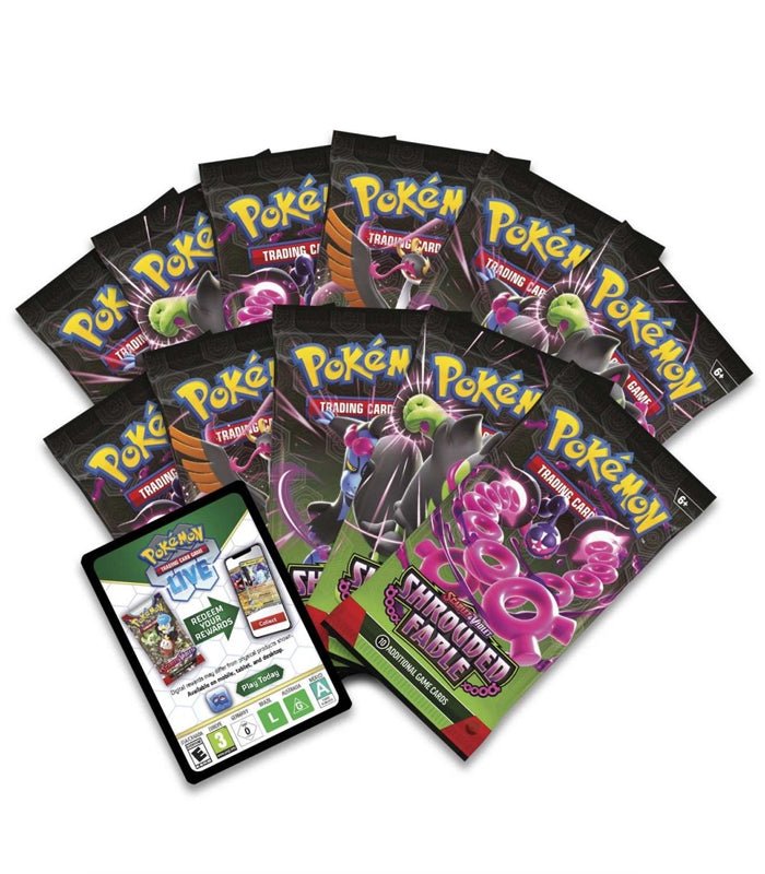 Pokemon TCG Scarlet & Violet Shrouded Fable Elite Trainer Box with booster packs and promo card.