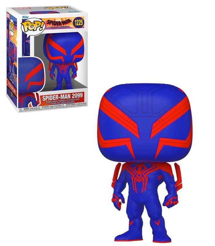 Marvel Spider-Man Across The Spiderverse Pop! Vinyl Figure - Spider-Man 2099 in blue and red costume with box packaging.