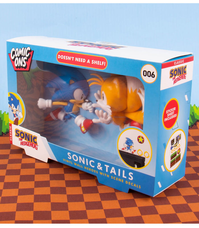 Sonic The Hedgehog Comic Ons figures and decals set in box with Sonic and Tails.
