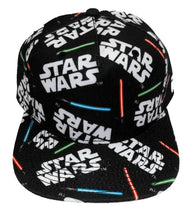 Load image into Gallery viewer, Star Wars 80s Flat Brim Cap with lightsaber design on black background, adjustable snapback.