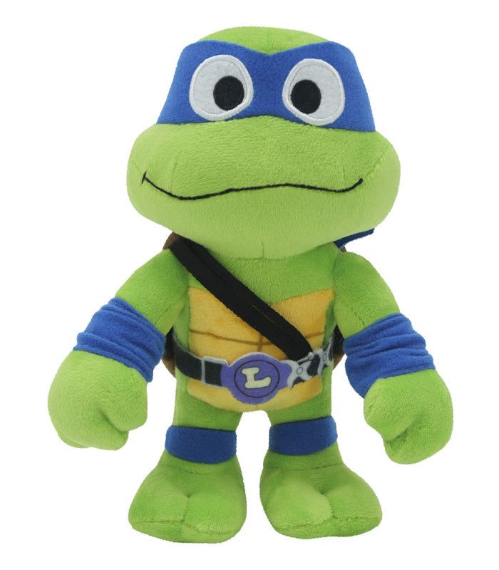 Teenage Mutant Ninja Turtles Mutant Mayhem Leonardo 8" Plush with blue bandana and katanas.