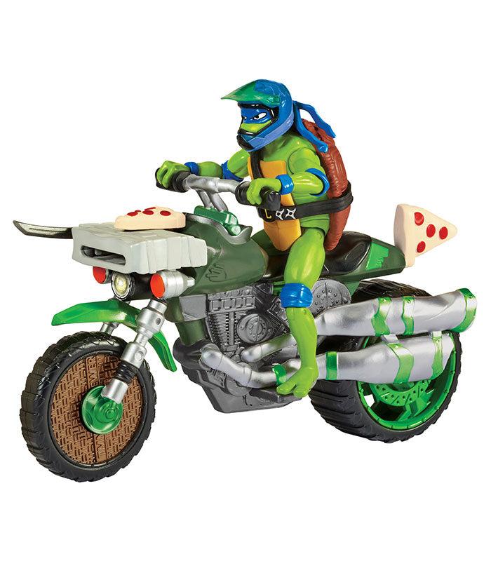 Teenage Mutant Ninja Turtles Movie Ninja Kick Cycle toy with Leo on a detailed motorbike featuring pizza-themed levers and accessories.
