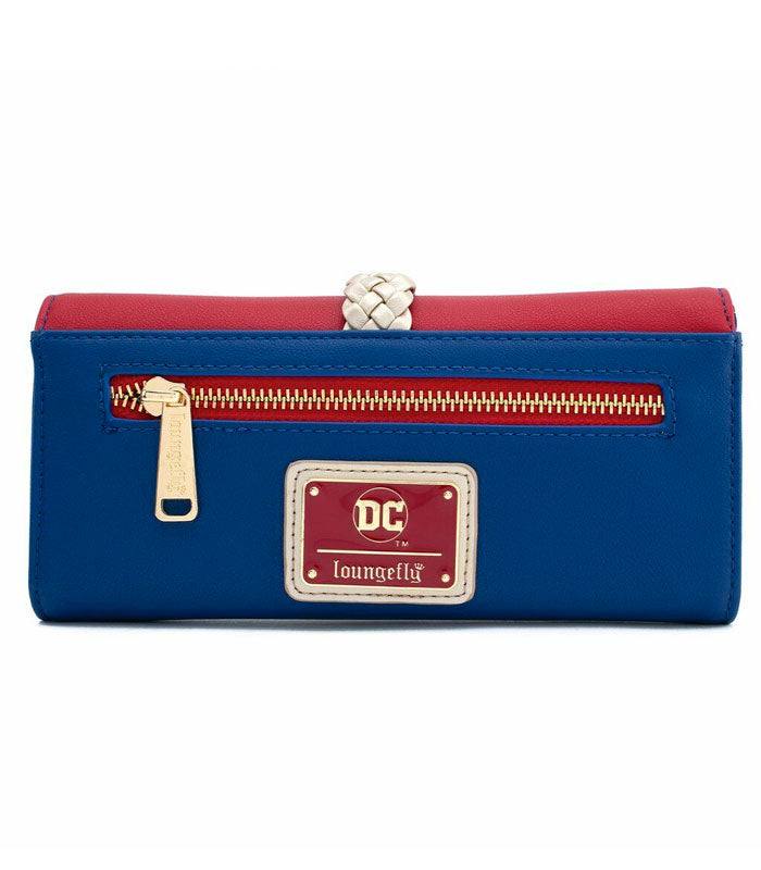 Loungefly DC Comics Wonder Woman Lasso Wallet with faux leather, colorful design, and zippered compartment.