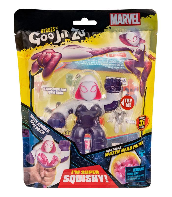 Heroes of Goo Jit Zu Ghost Spider toy in packaging, featuring stretchy and squishy design with water bead filling, based on Marvel's Gwen Stacy.
