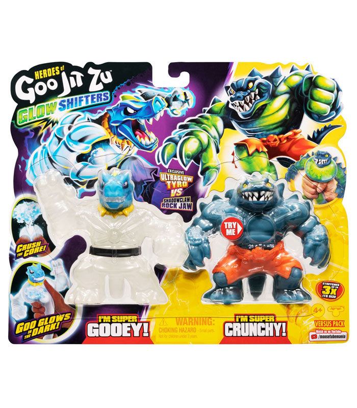 Heroes of Goo Jit Zu Glow Shifters Versus Pack featuring Ultraglow Tyro and Shadowclaw Rock Jaw action figures in packaging.