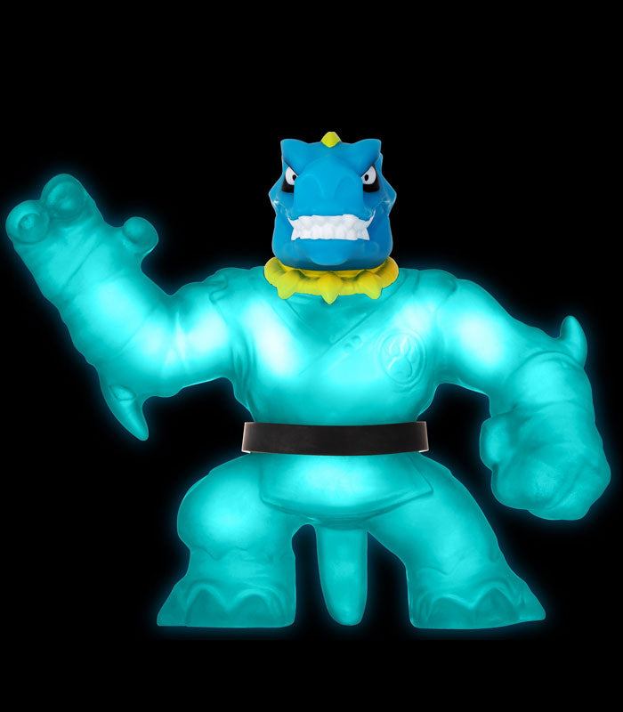 Goo Jit Zu Glow Shifters Ultraglow Tyro action figure glowing in the dark.