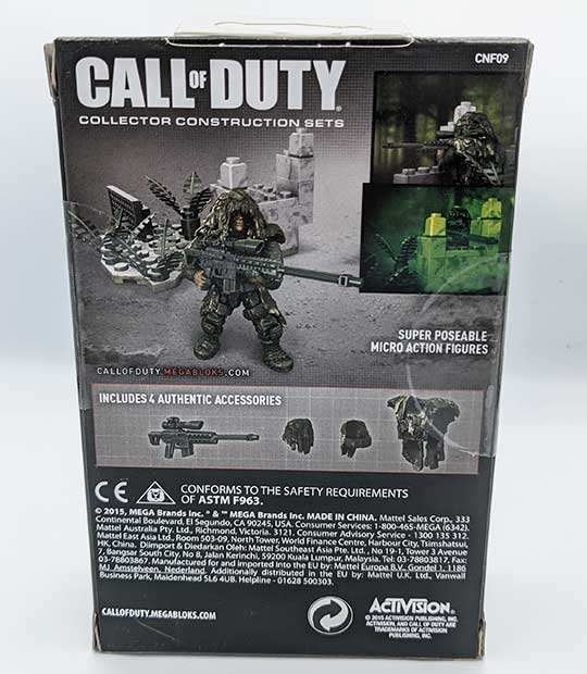 Call of Duty Ghillie Suit Sniper Mega Bloks construction set with 42 pieces and 4 accessories.
