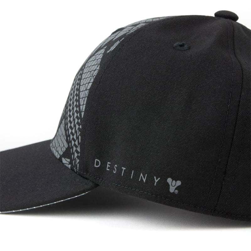 Official Destiny Tricorn Snapback hat with embroidered Destiny tricorn symbol on black cotton, adjustable fit.