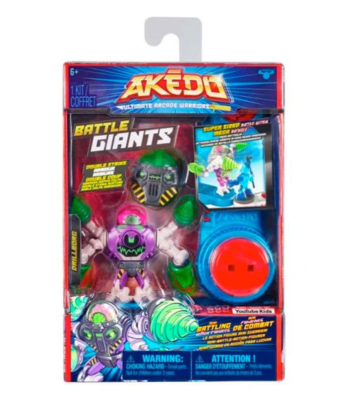 Akedo Ultimate Arcade Warriors Battle Giants Drillborg action figure in packaging.