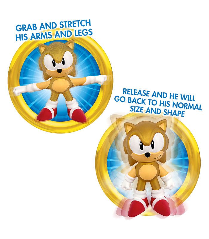 Stretch Armstrong Gold Sonic the Hedgehog toy with stretchy arms and legs.