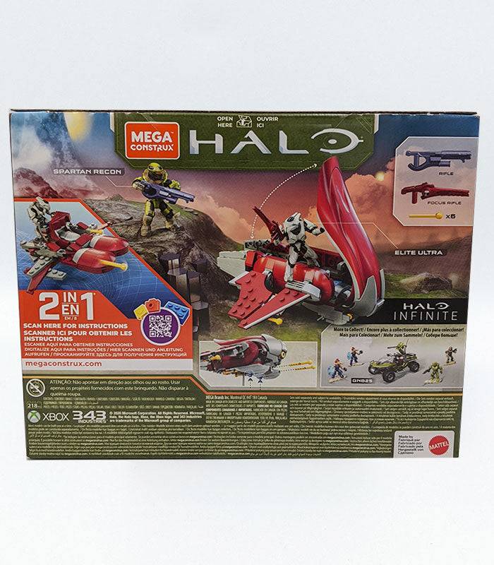 Halo Infinite Mega Construx Banshee Breakout set with Spartan Recon and Elite Ultra figures, featuring buildable Banshee.