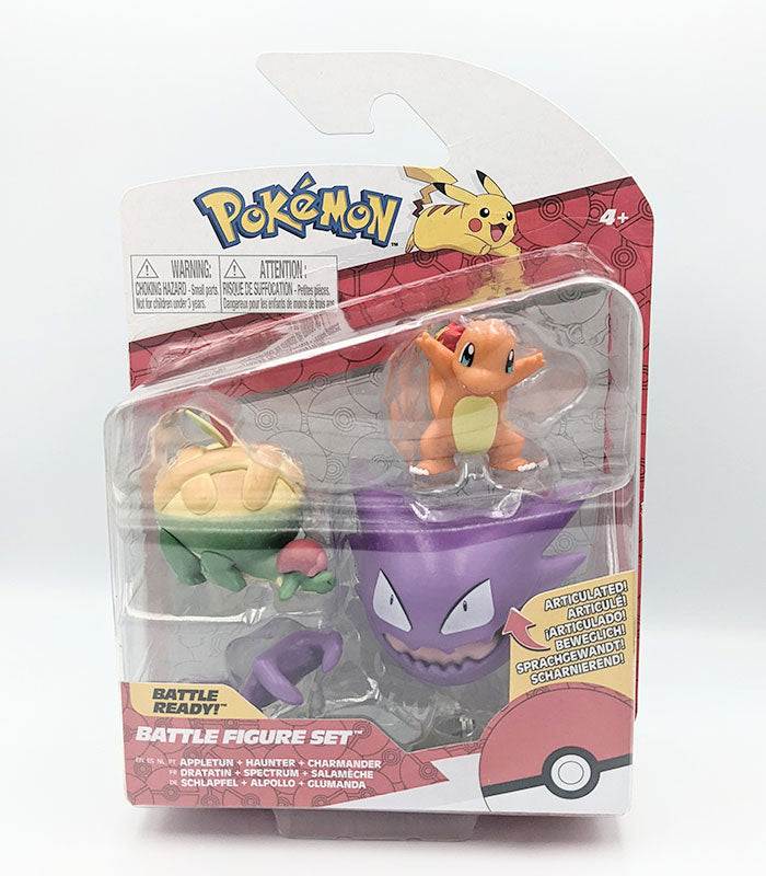 Pokemon Battle Figures featuring Appletun, Haunter, and Charmander in packaging.