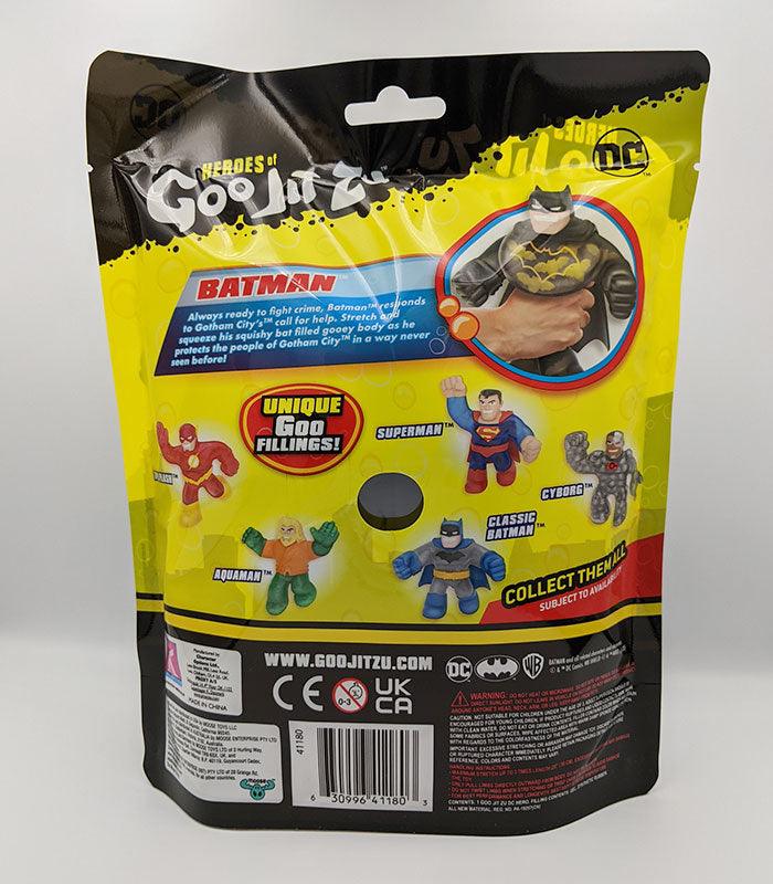 Heroes of Goo Jit Zu Batman toy packaging, featuring stretchy and squishy superhero.