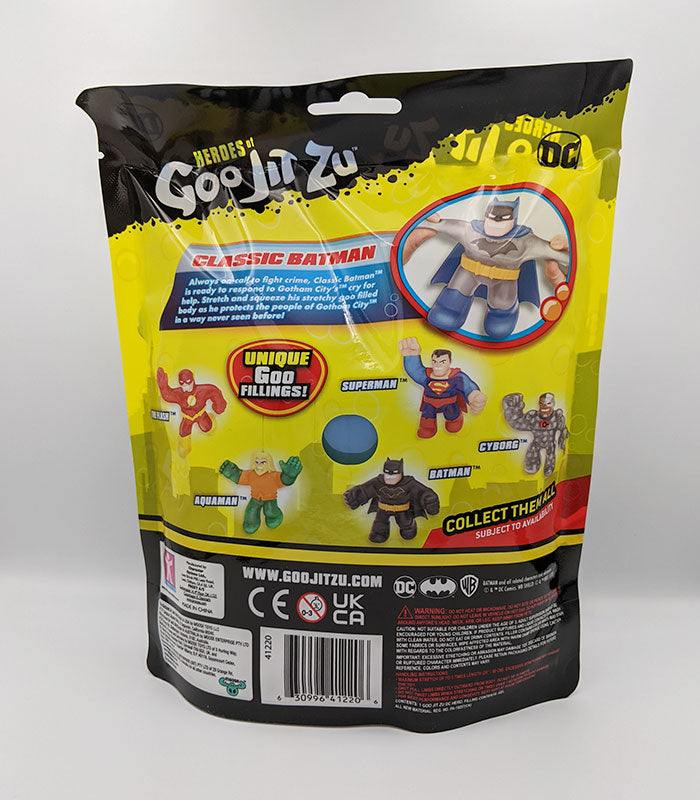 Back packaging of Heroes of Goo Jit Zu Classic Batman toy with images of stretchable figures.