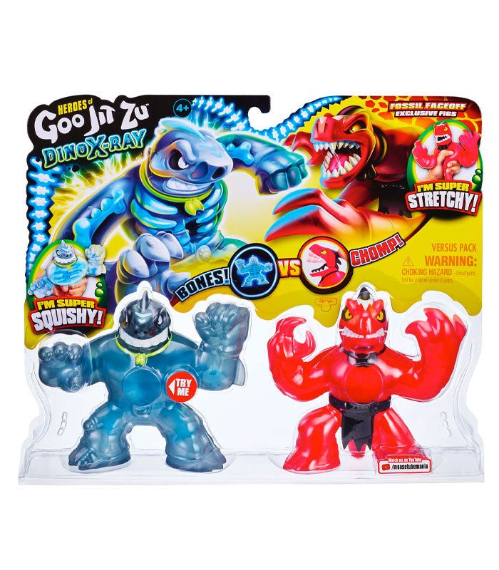 Goo Jit Zu Dino X-Ray Fossil Faceoff Thrash vs Verapz action figures packaging.