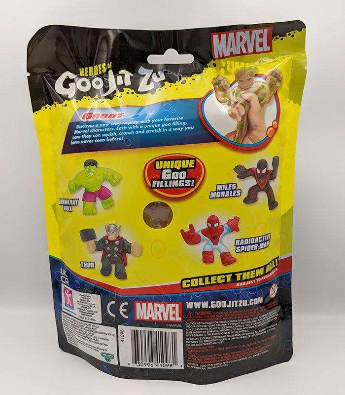 Heroes of Goo Jit Zu Groot packaging showcasing Marvel characters.
