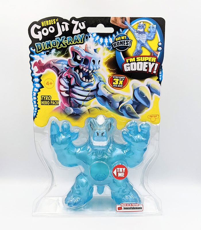 Heroes of Goo Jit Zu Dino X-Ray Tyro action figure, stretchy and gooey toy showcasing bones inside, for ages 4 and up.