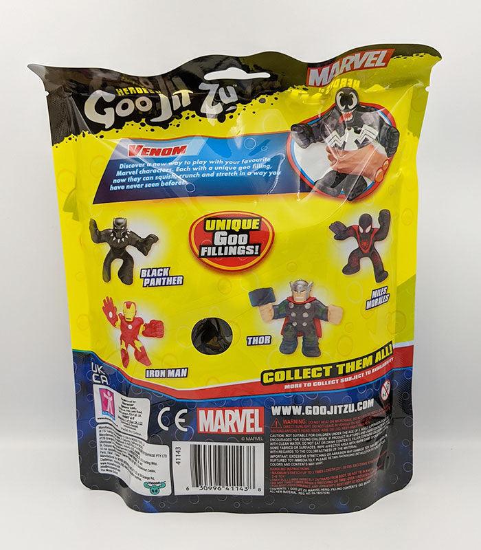 Goo Jit Zu - Venom packaging with Marvel superheroes, unique goo fillings, and collect them all promotion.