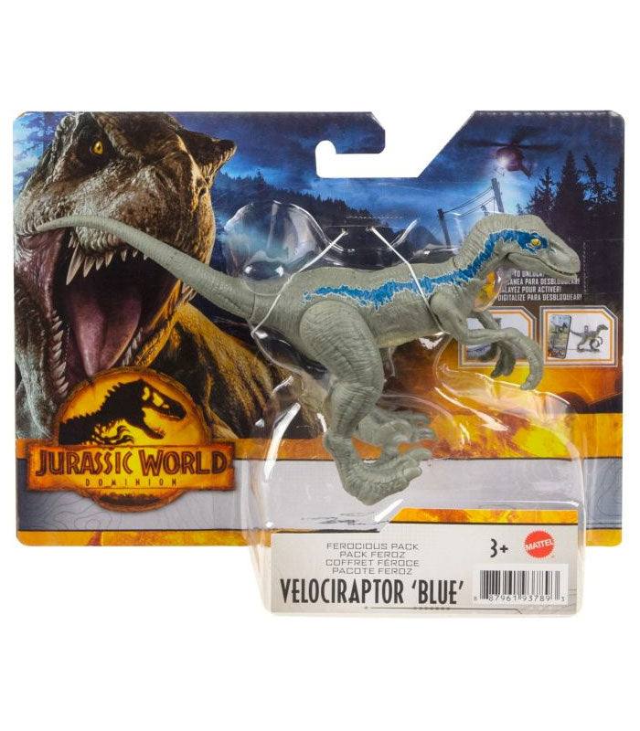 Jurassic World Dominion Velociraptor ‘Blue’ action figure with movable joints in packaging.