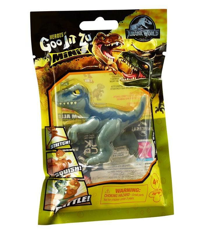 Heroes of Goo Jit Zu Jurassic World Minis - Blue stretchy dinosaur toy packaging.