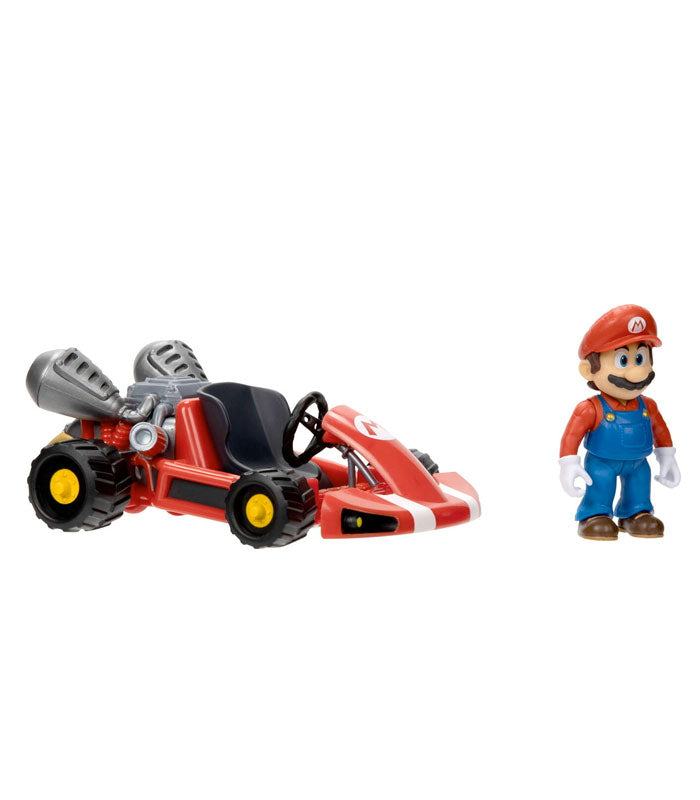 Super Mario Bros movie kart and Mario figure with realistic details and working wheels.