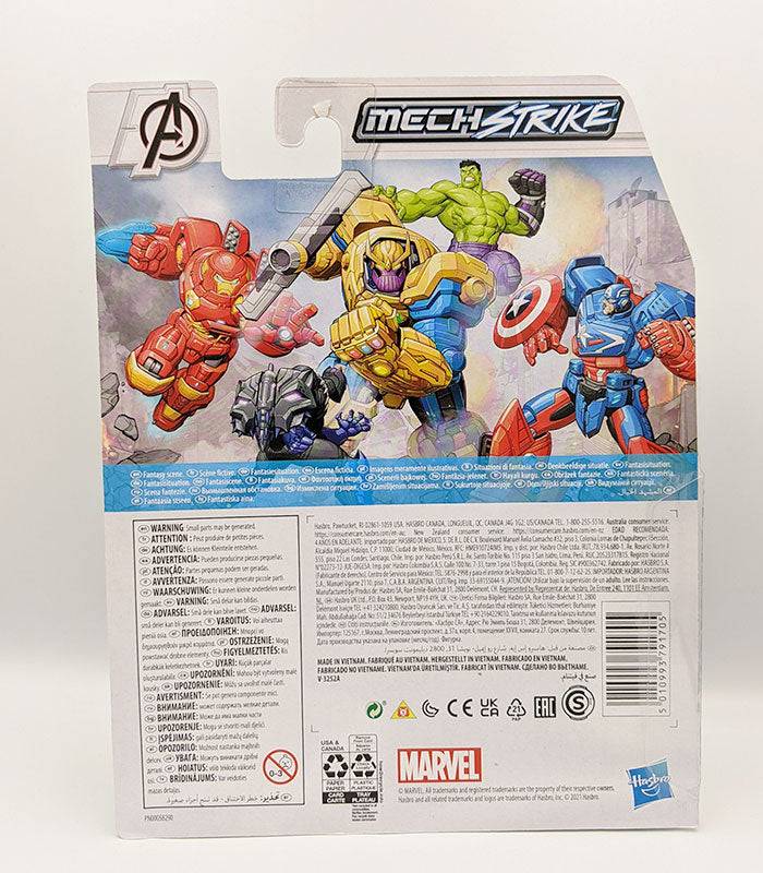 Packaging of Marvel Avengers Mech Strike action figures, featuring Black Panther and other characters.