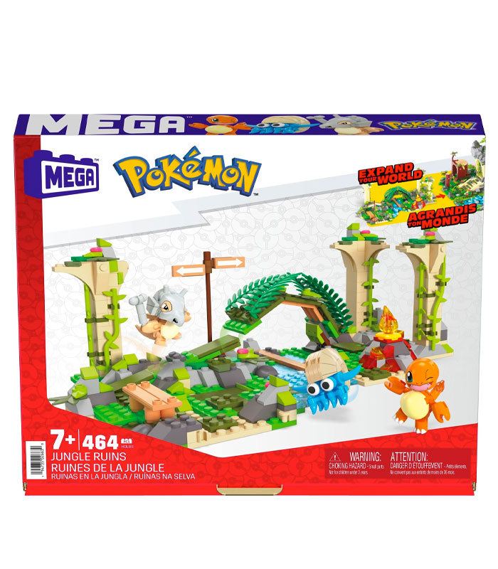 MEGA Pokemon Jungle Ruins Construction Set with Cubone, Charmander, and Omanyte figures, buildable ancient ruins environment.