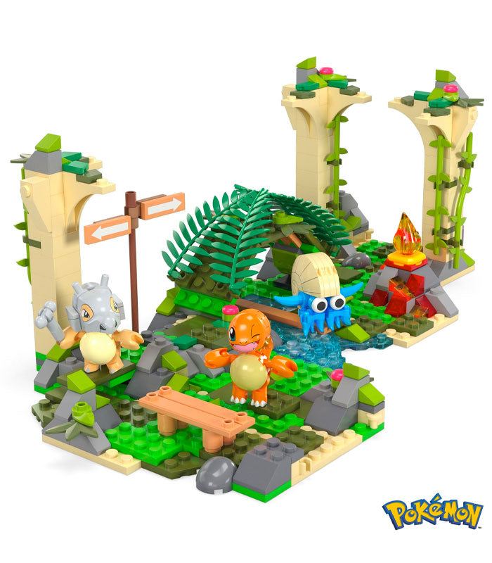 MEGA Pokemon Jungle Ruins Construction Set with Cubone, Charmander, and Omanyte figures in a buildable ruins environment.