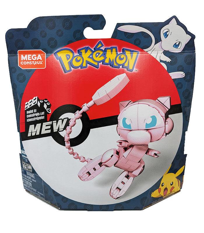Pokemon Mega Construx Mew construction set packaging, featuring buildable Mew figure in an action pose.