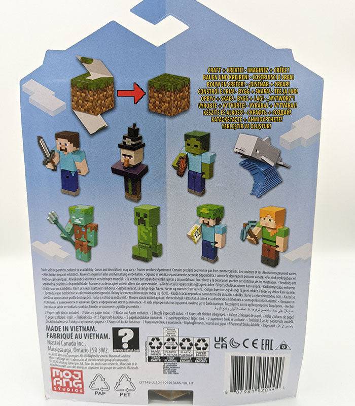 Packaging back of Minecraft Action Figure - Underwater Steve, featuring multiple characters and accessory illustrations.