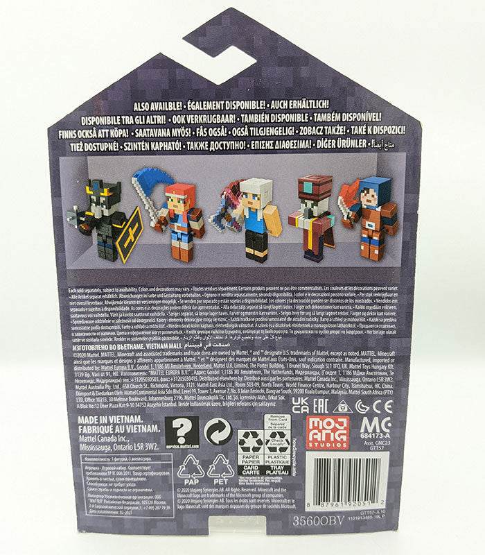 Minecraft Dungeons Action Figure Hex packaging back with character images and multilingual information.