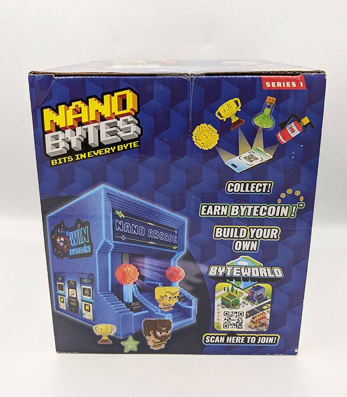 Nanobytes Arcade Playset box featuring interactive digital game elements and QR code for Byte World.