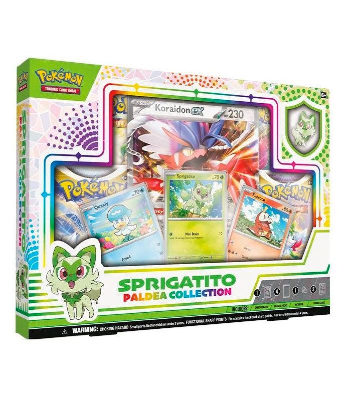 Pokemon TCG Paldea Collection box featuring Sprigatito pin, Koraidon oversized card, and promo cards.
