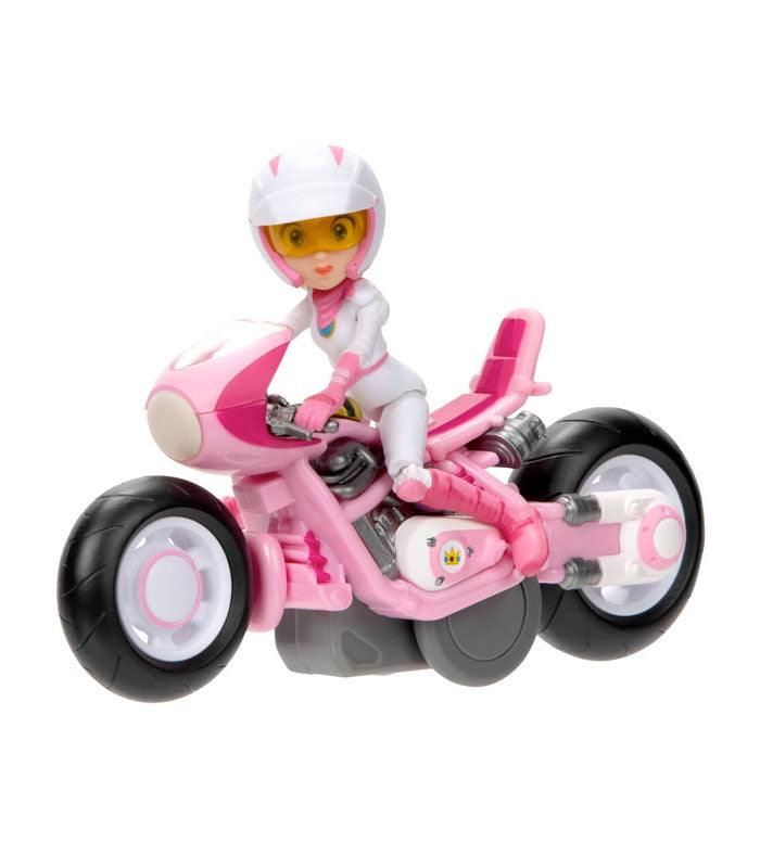 Super Mario Bros Peach figure on pink kart with working wheels.