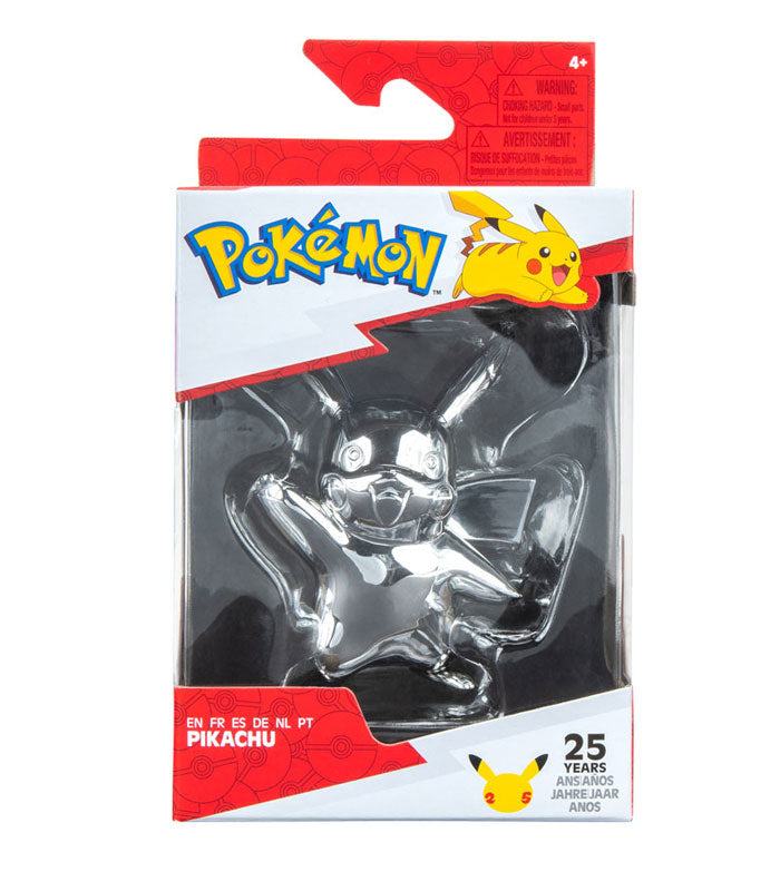 Pikachu Pokémon 25th Anniversary Silver 3 Inch Vinyl Figure in decorative box.