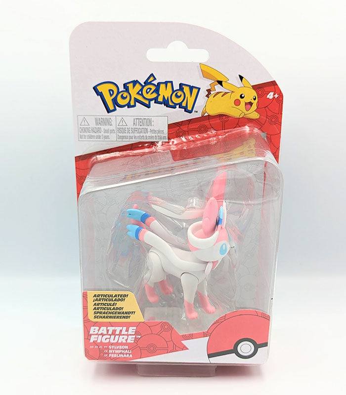 Sylveon Pokémon Battle Figure in packaging, features articulation, suitable for ages 4+.