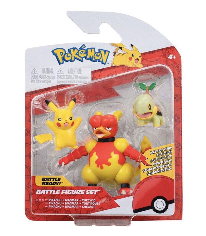 Pokemon Battle Figure set featuring Pikachu, Magmar, and Turtwig in packaging.