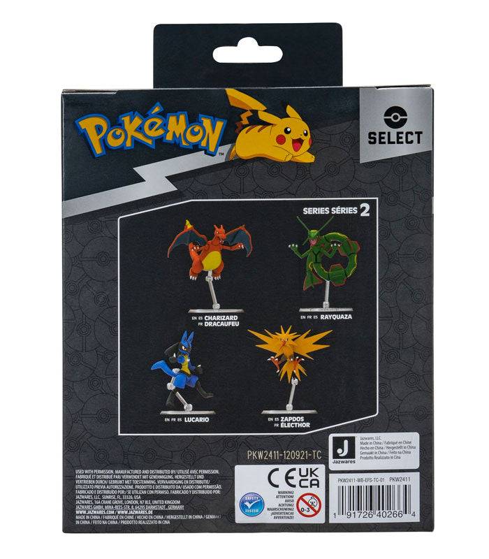 Packaging of Pokemon Select Articulated Figure featuring Lucario with Charizard, Rayquaza, and Zapdos figures.