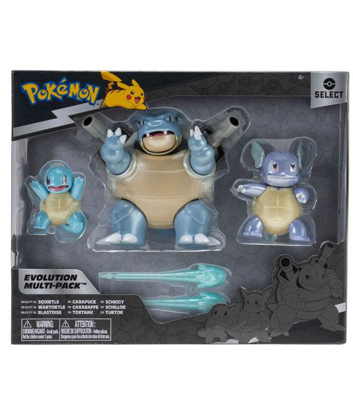 Pokemon Select Evolution Multipack with Squirtle, Wartortle, and Blastoise shiny figures.