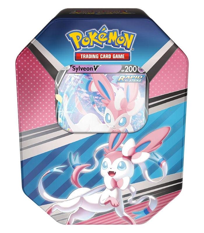 Pokémon TCG V Heroes Tin featuring Sylveon V and booster packs.