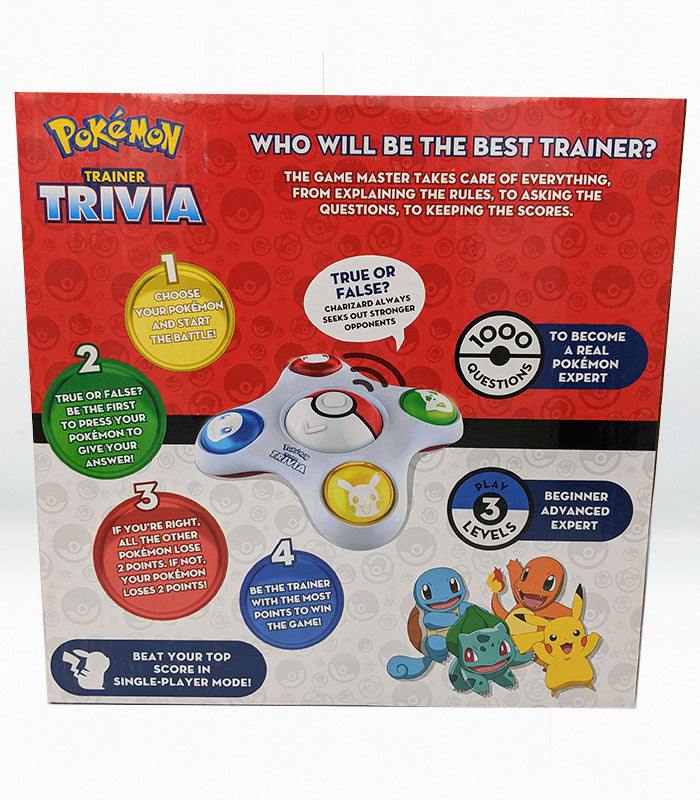 Pokemon Trainer Trivia game box with gameplay instructions and features, including true or false questions and multiplayer options.