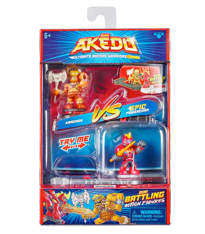 Akedo Ultimate Arcade Warriors Versus Pack featuring Kragnox and Epic Powercorn action figures for intense battles.