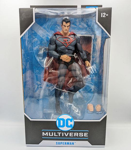 DC Multiverse Red Son Superman action figure in box with accessories.
