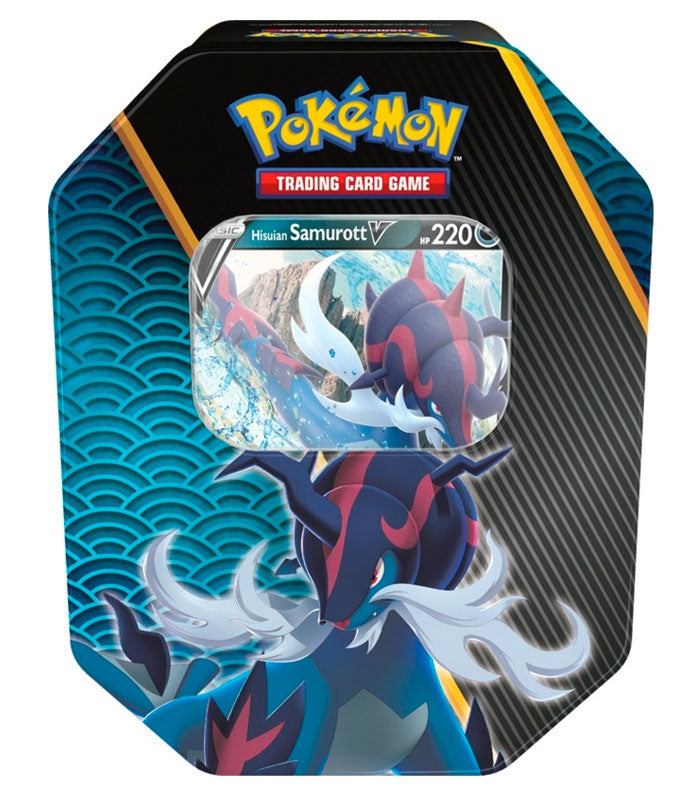 Pokemon TCG Divergent Powers Tin featuring Samurott V with 4 booster packs.