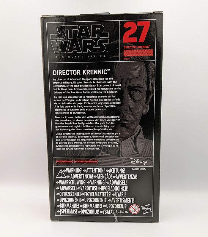Star Wars The Black Series Director Krennic action figure in display box with character description.