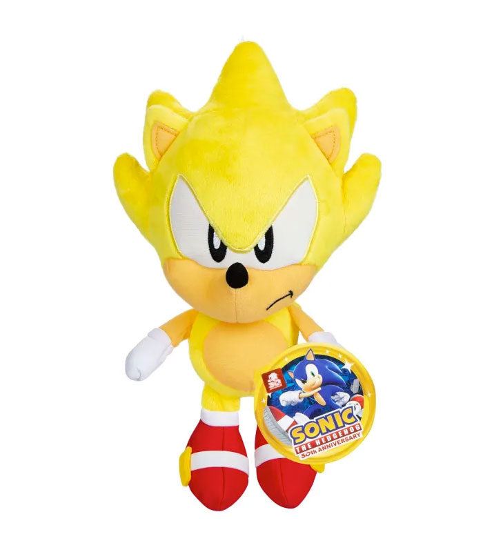 Super Sonic 9" plush toy, yellow hedgehog from iconic video game.