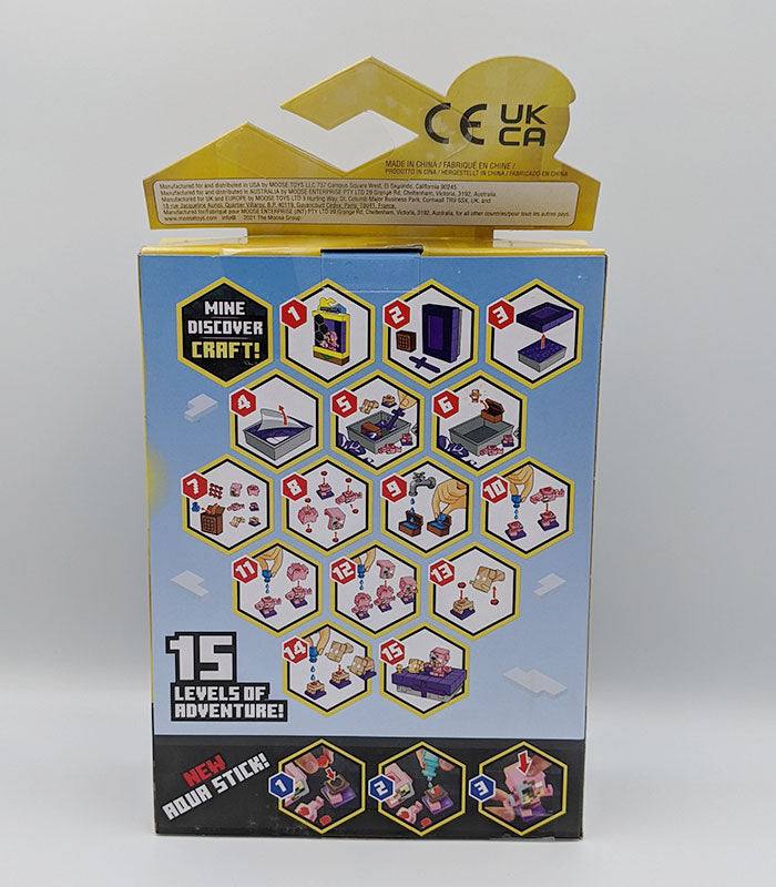 Minecraft Nether Portal toy set packaging showing 15 adventure levels with crafting tools and character collectibles.